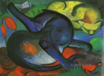 抽象的かつ装飾的 Painting - 二匹の猫青と黄色の表現主義者